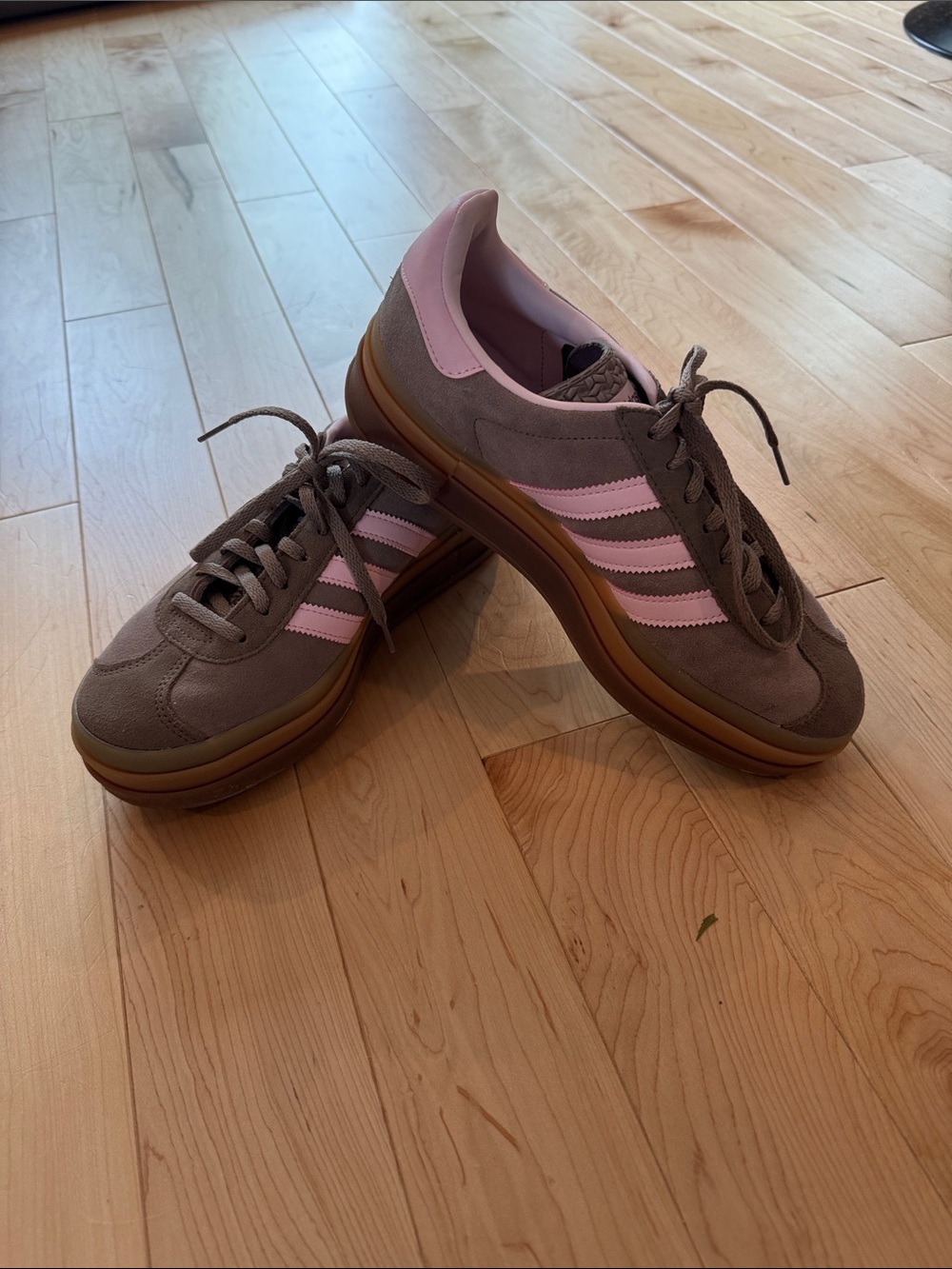 adidas Taupe Suede Sneakers with Pink Stripes and Gum Platform Sole